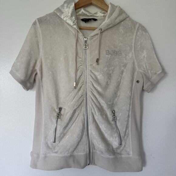 BCBGMaxAzria Tops - Y2K BCBG Velour Ivory Short Sleeve Rhinestone Bedazzled Hoodie L Trashy Bling